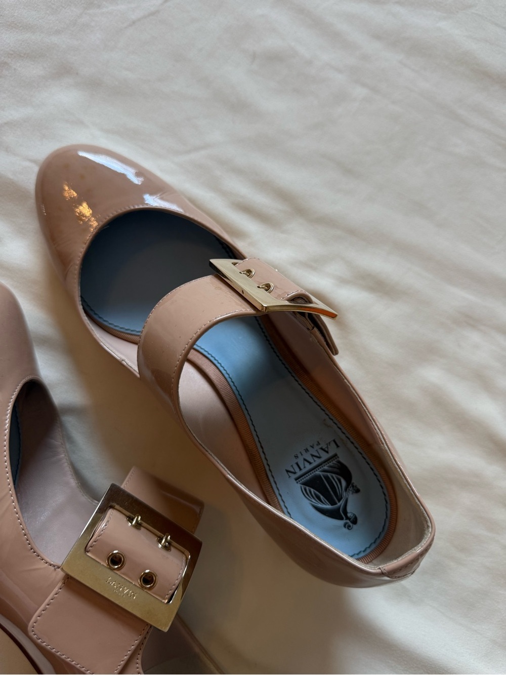 LANVIN | Blush Patent Leather Buckle Block Mary Jane Heels | 38 - Picture 2 of 7